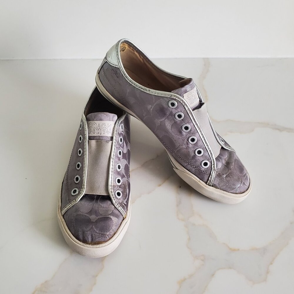 COACH Bev Sz 8 Metallic Silver Logo Slip On Sneakers EUC